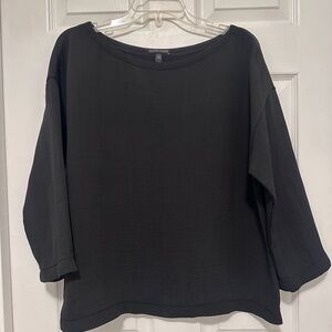 Eileen Fisher Black Textured 3/4 Sleeve Black Blouse Large Silk Blend